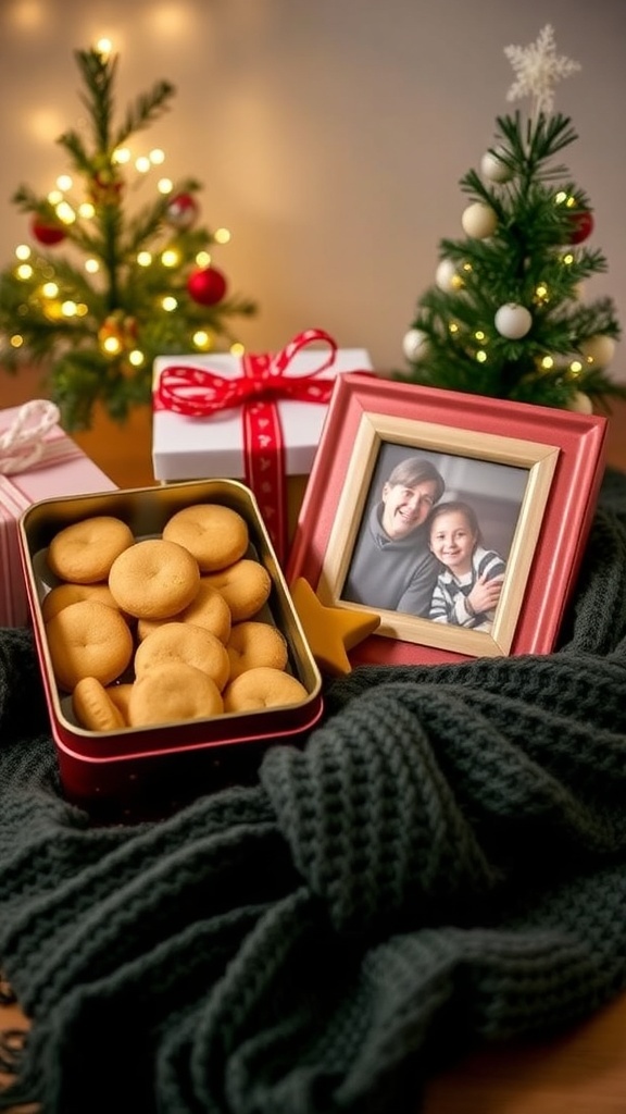 Simple Christmas Gift Ideas An assortment of easy Christmas gifts including cookies, a photo frame, and a knitted scarf, set against a festive background.